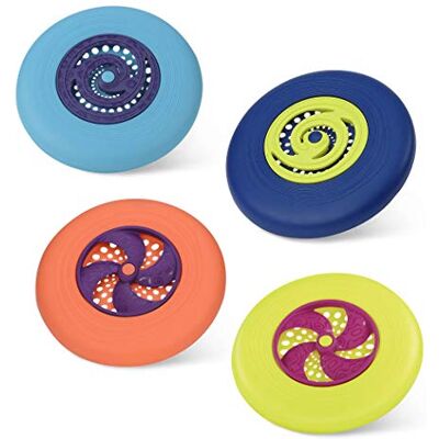 B. toys Flying Disc Set, Disc-Oh! 4 Colorful Discs, 4 Discs, Summer 4 flying discs with spinning centers for backyard, park, beach, and camping play; easy for little hands, 4 Discs; 4+ Years B. toys Flying Disc Set, Disc-Oh! 4 Colorful Discs, 4 Discs, Summer 4 flying discs with spinning centers for backyard, park, beach, and camping play; easy for little hands, 4 Discs; 4+ Years
