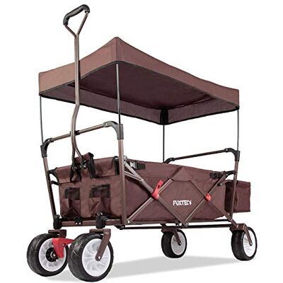 Fuxtec FUXLIFE Foldable Handcart FX-CT350 Brown Lightweight 12kg Folding Wagon with Sun Canopy & Rear Pocket 75kg Capacity Fuxtec FUXLIFE Foldable Handcart FX-CT350 Brown Lightweight 12kg Folding Wagon with Sun Canopy & Rear Pocket 75kg Capacity