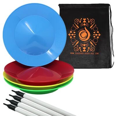 Cascade Juggling Set of 4 Spinning Plates and Sticks Flexi Kid's Plate Spinning Set Includes Cascade Carry Bag (Red, Yellow, Blue, Green) Cascade Juggling Set of 4 Spinning Plates and Sticks Flexi Kid's Plate Spinning Set Includes Cascade Carry Bag (Red, Yellow, Blue, Green)
