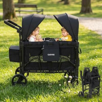 Garvee Folding Wagon for Kids to Sit in, Stroller Wagon with Snack Tray, Removable Canopy & Large All-Terrain Wheels, Push Pull Wagon Cart with Foot Brake, Max Load 60kg for 2 Kids for Outdoor Camping Garvee Folding Wagon for Kids to Sit in, Stroller Wagon with Snack Tray, Removable Canopy & Large All-Terrain Wheels, Push Pull Wagon Cart with Foot Brake, Max Load 60kg for 2 Kids for Outdoor Camping