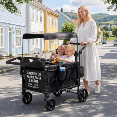 GarveeMore Wagon for Kids to Sit in for 4 Kids, Foldable 4-Seater Push Pull Handcart with All-Terrain Wheels, Sun Canopy & 5-Point Harness, Push & Pull Handle, Compact Folding Stroller Wagon for Family Outing GarveeMore Wagon for Kids to Sit in for 4 Kids, Foldable 4-Seater Push Pull Handcart with All-Terrain Wheels, Sun Canopy & 5-Point Harness, Push & Pull Handle, Compact Folding Stroller Wagon for Family Outing