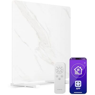 KLARSTEIN Infrared Panel Heater 420W – Wall Mounted or Freestanding, Smart App & Remote Control, Marble Design, Thermostat, Timer, Child Lock, IP43, for 8 m² Rooms, White KLARSTEIN Infrared Panel Heater 420W – Wall Mounted or Freestanding, Smart App & Remote Control, Marble Design, Thermostat, Timer, Child Lock, IP43, for 8 m² Rooms, White
