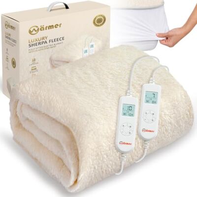 Warmer WÄRMER Electric Blanket Double, Fleece, Fully Fitted, Dual Control 193 x 137cm Sherpa heated underblanket with Timer, 10 heat settings, 40cm elasticated skirt, machine washable. Warmer WÄRMER Electric Blanket Double, Fleece, Fully Fitted, Dual Control 193 x 137cm Sherpa heated underblanket with Timer, 10 heat settings, 40cm elasticated skirt, machine washable.