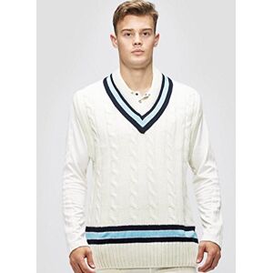 Gunn & Moore GM Cricket Sweater Jumper Slipover Classic Heavy Cable Knit Sleeveless Cream with Navy Blue & Sky Blue Trimmed Collar Small to fit Chest 36 Gunn & Moore GM Cricket Sweater Jumper Slipover Classic Heavy Cable Knit Sleeveless Cream with Navy Blue & Sky Blue Trimmed Collar Small to fit Chest 36