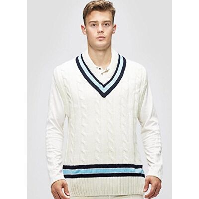 Gunn & Moore GM Cricket Sweater Jumper Slipover Classic Heavy Cable Knit Sleeveless Cream with Navy Blue & Sky Blue Trimmed Collar Small to fit Chest 36 Gunn & Moore GM Cricket Sweater Jumper Slipover Classic Heavy Cable Knit Sleeveless Cream with Navy Blue & Sky Blue Trimmed Collar Small to fit Chest 36