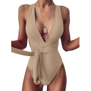 Lilosy Sexy Tie Criss Cross Plunge One Piece Thong Swimsuit High Cut Brazilian Bathing Suit, Khaki, Medium Lilosy Sexy Tie Criss Cross Plunge One Piece Thong Swimsuit High Cut Brazilian Bathing Suit, Khaki, Medium