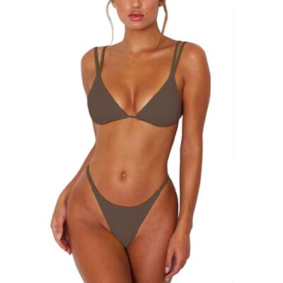 ForBeautyShe Women's Sexy Thong Bottom Two Piece Bikini Double Shoulder Straps Cute Swimsuit Triangle Bathing, Coffee, Small ForBeautyShe Women's Sexy Thong Bottom Two Piece Bikini Double Shoulder Straps Cute Swimsuit Triangle Bathing, Coffee, Small