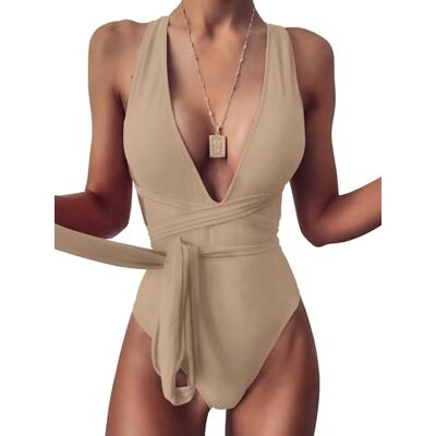 Lilosy Sexy Tie Criss Cross Plunge One Piece Thong Swimsuit High Cut Brazilian Bathing Suit, Khaki, Medium Lilosy Sexy Tie Criss Cross Plunge One Piece Thong Swimsuit High Cut Brazilian Bathing Suit, Khaki, Medium