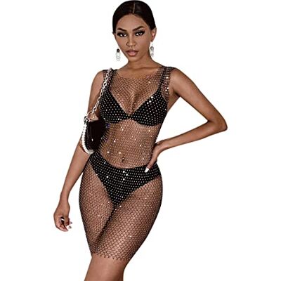 ANKOMINA Women Sexy Rhinestone See Through Mesh Dress Bikini Swimsuit Cover Up Rave Festival Club Midi Dress, Black, One Size ANKOMINA Women Sexy Rhinestone See Through Mesh Dress Bikini Swimsuit Cover Up Rave Festival Club Midi Dress, Black, One Size