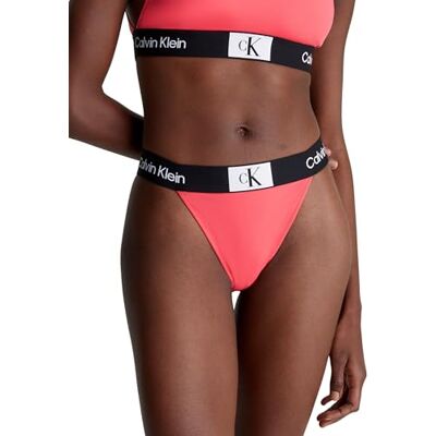 Calvin Klein Women Bikini Bottoms Cheeky High Rise with Logo Band, Pink (Calypso Coral), XS Calvin Klein Women Bikini Bottoms Cheeky High Rise with Logo Band, Pink (Calypso Coral), XS