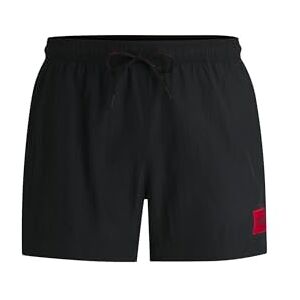 Hugo Boss Mens Dominica Recycled-Material Swim Shorts with red Logo Label Hugo Boss Mens Dominica Recycled-Material Swim Shorts with red Logo Label