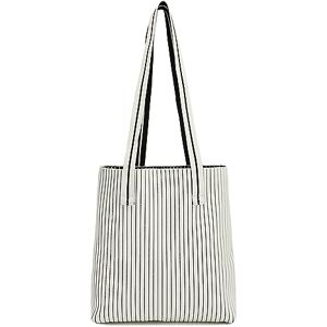 Miss Lulu Women Stripe Tote Bag, Laptop Shoulder Bag, with Long Top-handle, Large Handbag, Gift for Work College Travel Shopping (Beige) Miss Lulu Women Stripe Tote Bag, Laptop Shoulder Bag, with Long Top-handle, Large Handbag, Gift for Work College Travel Shopping (Beige)
