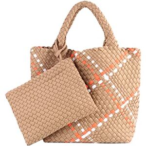 LMKIDS Woven Tote Bag + Purse Women Neoprene Tote Handbag Fashion Large Shoulder Top-Handle Travel Bag Underarm Shopper Bag, Khaki, L LMKIDS Woven Tote Bag + Purse Women Neoprene Tote Handbag Fashion Large Shoulder Top-Handle Travel Bag Underarm Shopper Bag, Khaki, L