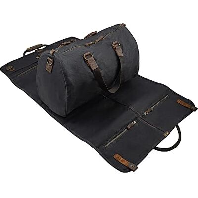 CRUITBILI 2 in 1 Canvas Leather Suit Luggage Garment Bag with Shoulder Strap for Travel and Business Trips, Waxed Black, American Casual CRUITBILI 2 in 1 Canvas Leather Suit Luggage Garment Bag with Shoulder Strap for Travel and Business Trips, Waxed Black, American Casual