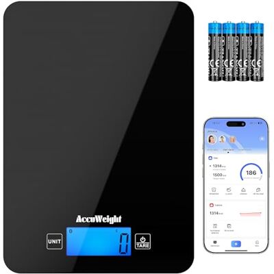ACCUWEIGHT CK780 Bluetooth Kitchen Scales with Nutrition Calculator (Batteries included), Smart Food Scale with Backlit LCD, Food Scales Calorie Counting for Cooking or Weight Loss, 5kg/11lb ACCUWEIGHT CK780 Bluetooth Kitchen Scales with Nutrition Calculator (Batteries included), Smart Food Scale with Backlit LCD, Food Scales Calorie Counting for Cooking or Weight Loss, 5kg/11lb