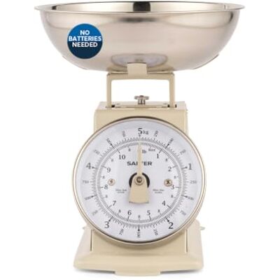 Salter Timeless Mechanical Kitchen Scale, 5 Kg Analogue Dial, Cream 1 L Removable Dishwasher Safe Bowl, Measures In 25 G Increments, No Batteries Needed, 22 Cm Height, Easy Read Large Dial Salter Timeless Mechanical Kitchen Scale, 5 Kg Analogue Dial, Cream 1 L Removable Dishwasher Safe Bowl, Measures In 25 G Increments, No Batteries Needed, 22 Cm Height, Easy Read Large Dial