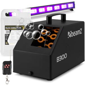 beamz B300 Compact Bubble Machine, Bubble Blower with BUV93 LED UV Light Bar and 5L UV Liquid