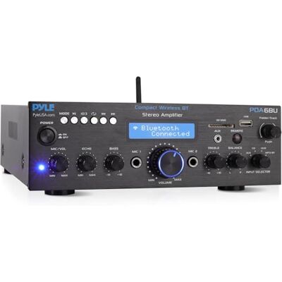 Pyle Wireless Bluetooth Power Amplifier System 200W Dual Channel Sound Audio Stereo Receiver w/USB, SD, AUX, MIC IN w/Echo, Radio, LCD For Home Theater Entertainment via RCA, Studio Use PDA6BU Pyle Wireless Bluetooth Power Amplifier System 200W Dual Channel Sound Audio Stereo Receiver w/USB, SD, AUX, MIC IN w/Echo, Radio, LCD For Home Theater Entertainment via RCA, Studio Use PDA6BU