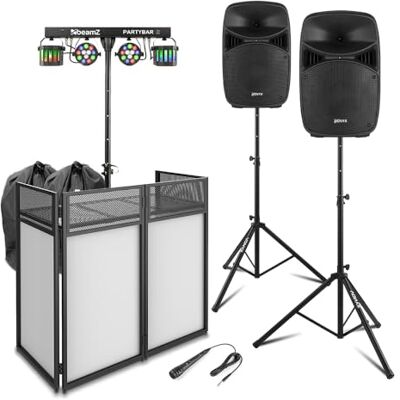 VONYX VPS102A 10" Active DJ Speaker Package with DJ Booth, BeamZ PartyBar2 Disco Lighting System, Speaker Bags & Stands Complete Home DJ Setup for Small Gigs VONYX VPS102A 10" Active DJ Speaker Package with DJ Booth, BeamZ PartyBar2 Disco Lighting System, Speaker Bags & Stands Complete Home DJ Setup for Small Gigs