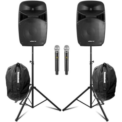 VONYX 15" Active PA DJ Speaker System with Bluetooth, Wireless Microphones, Stands & Heavy-Duty Carry Bags, LED Lighting, 1000W Party Kit for Beginner DJs & Events VONYX 15" Active PA DJ Speaker System with Bluetooth, Wireless Microphones, Stands & Heavy-Duty Carry Bags, LED Lighting, 1000W Party Kit for Beginner DJs & Events