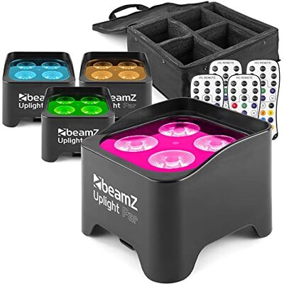 beamz BBP90 Wireless Battery Uplighters 4-Pack, RGB-UV LED, Soft Case 20-hour battery, IR remote & DMX control, padded carrying case included beamz BBP90 Wireless Battery Uplighters 4-Pack, RGB-UV LED, Soft Case 20-hour battery, IR remote & DMX control, padded carrying case included