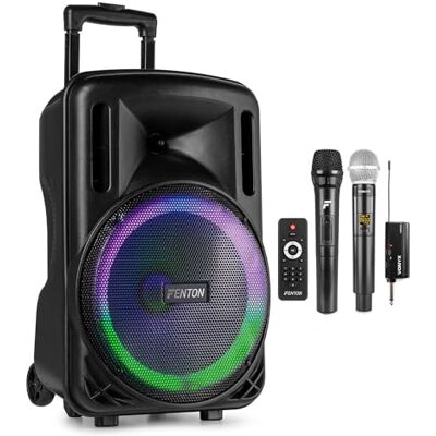 Fenton FT12LED MK2 12" Portable PA System with Two Wireless Microphones, Rechargeable Battery, LED Illuminated Woofer, Bluetooth Streaming & Remote Control Ideal for Events & Performances Fenton FT12LED MK2 12" Portable PA System with Two Wireless Microphones, Rechargeable Battery, LED Illuminated Woofer, Bluetooth Streaming & Remote Control Ideal for Events & Performances