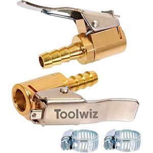 Toolwiz Tyre Chuck 2 pcs Air Chuck 1/4 Inch Brass Tyre Valve Connector Air Pump Clip Tyre Inflator Open Flow Straight Lock-on Air Compressor Hose End with Barb for Hose Repair