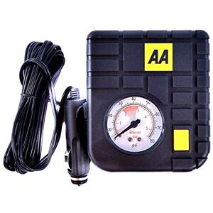 AA Car Essentials 12V Compact Tyre Inflator AA5007 – For Cars Vans Motorbikes Vehicles Inflatables Bicycles - PSI BAR KPA 0-80 PSI – Includes Adaptors, Black