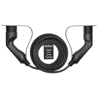 Deltaco EV Charging Cable, Type 2 to Type 2, Charge Mode 3, Three Phase, Intensity 32A, Power 22KW, Standard IEC 62196-2, Black, 3 Year Warranty – Length 7 m Deltaco EV Charging Cable, Type 2 to Type 2, Charge Mode 3, Three Phase, Intensity 32A, Power 22KW, Standard IEC 62196-2, Black, 3 Year Warranty – Length 7 m