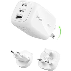 Belkin 3-Port USB-C Plug 100W, GaN Wall Charger with 2x USB-C & 1 USB-A Ports, Plug Tips included for EU/UK/US, Fast Charging for MacBook, iPhone, iPad Pro, Samsung Galaxy, Google Pixel, etc White Belkin 3-Port USB-C Plug 100W, GaN Wall Charger with 2x USB-C & 1 USB-A Ports, Plug Tips included for EU/UK/US, Fast Charging for MacBook, iPhone, iPad Pro, Samsung Galaxy, Google Pixel, etc White