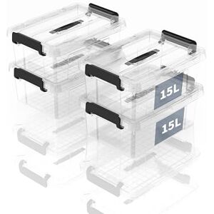 SpaceXpert Storage Boxes, Storage Boxes, Portable Plastic Boxes with Handle, Stackable Organiser Container for Bedroom, Rubbish, School, Transparent, 15 L (Set of 4) SpaceXpert Storage Boxes, Storage Boxes, Portable Plastic Boxes with Handle, Stackable Organiser Container for Bedroom, Rubbish, School, Transparent, 15 L (Set of 4)