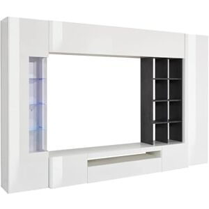 Dmora Wall equipped for living room, Made in Italy, with Blue LED Light, TV base and wall cabinets and shelves, cm 290x40h192, Glossy White and Ash Grey Dmora Wall equipped for living room, Made in Italy, with Blue LED Light, TV base and wall cabinets and shelves, cm 290x40h192, Glossy White and Ash Grey