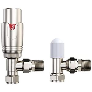 iBathUK Pro Thermostatic Angled Radiator Valve 1/2" (TRV) and Lockshield Valve, Central Heating, Tower Rail Valve- Brushed Nickle iBathUK Pro Thermostatic Angled Radiator Valve 1/2" (TRV) and Lockshield Valve, Central Heating, Tower Rail Valve- Brushed Nickle