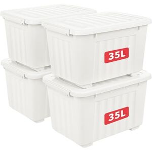 Cetomo 35L*4 Plastic Storage Box,White, Tote box,Organizing Container with Durable Lid and Secure Latching Buckles, Stackable and Nestable, 4Pack, with Buckle Cetomo 35L*4 Plastic Storage Box,White, Tote box,Organizing Container with Durable Lid and Secure Latching Buckles, Stackable and Nestable, 4Pack, with Buckle