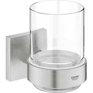 Grohe Start Cube Crystal Glass with Holder Wall Mounted Toothbrush Holder (Glass and Metal, Concealed Fastening, with Screws and Dowels), Easy to Fit with QuickGlue, Stainless Steel, 41097DC0 Grohe Start Cube Crystal Glass with Holder Wall Mounted Toothbrush Holder (Glass and Metal, Concealed Fastening, with Screws and Dowels), Easy to Fit with QuickGlue, Stainless Steel, 41097DC0