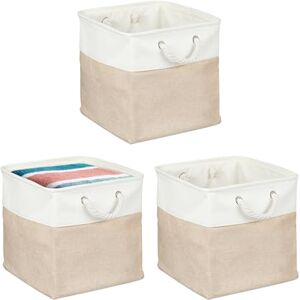 Relaxdays Storage Baskets, Set of 3, Linen, with Rope Handles, for Clothing, Toys, 33x33x33 cm, Beige/White, Iron, Cotton, 33 x 33 x 33 cm Relaxdays Storage Baskets, Set of 3, Linen, with Rope Handles, for Clothing, Toys, 33x33x33 cm, Beige/White, Iron, Cotton, 33 x 33 x 33 cm