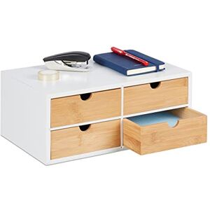 Relaxdays Desk Organiser, 4 Drawers, for Office Supplies, H x W x D: 14 x 33 x 21 cm, Bamboo & MDF, White/Natural Relaxdays Desk Organiser, 4 Drawers, for Office Supplies, H x W x D: 14 x 33 x 21 cm, Bamboo & MDF, White/Natural