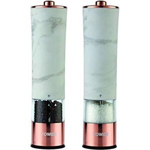 Tower Marble Rose Gold Electric Salt and Pepper Mill with LED Light, Battery-Operated Grinding Mechanism, White Marble and Rose Gold Tower Marble Rose Gold Electric Salt and Pepper Mill with LED Light, Battery-Operated Grinding Mechanism, White Marble and Rose Gold