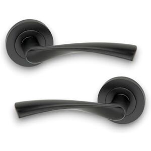 Infinity Pair of Twisted Lever Door Handles on Round Rose Set Matt Black Interior Pull Handles – Ideal for Interior and Exterior Doors Infinity Pair of Twisted Lever Door Handles on Round Rose Set Matt Black Interior Pull Handles – Ideal for Interior and Exterior Doors