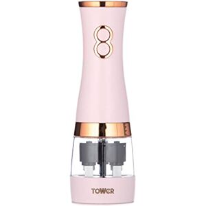 Tower Electric Salt and Pepper Mills, Battery Operated with Adjustable Ceramic Grinders, Pink and Rose Gold Tower Electric Salt and Pepper Mills, Battery Operated with Adjustable Ceramic Grinders, Pink and Rose Gold