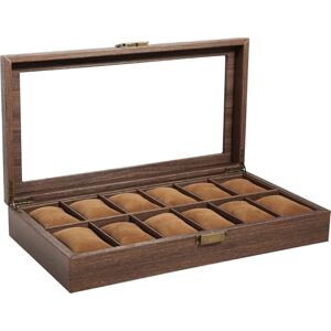 Uten Watch Box 12 Slots, Watch Case with Glass Lid, Wood Grain PU Leather Watch Display Storage Box with Removable Imitation Suede Watch Pillows, Metal Clasp, Gift Idea for Men and Women Uten Watch Box 12 Slots, Watch Case with Glass Lid, Wood Grain PU Leather Watch Display Storage Box with Removable Imitation Suede Watch Pillows, Metal Clasp, Gift Idea for Men and Women