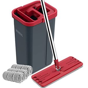 BOSHENG Mop and Bucket with Wringer Set, Hands Free Flat Floor Mop and Bucket, 3 Washable Microfiber Pads Included, Wet and Dry Use, Home Floor Cleaning System, Black and Red BOSHENG Mop and Bucket with Wringer Set, Hands Free Flat Floor Mop and Bucket, 3 Washable Microfiber Pads Included, Wet and Dry Use, Home Floor Cleaning System, Black and Red