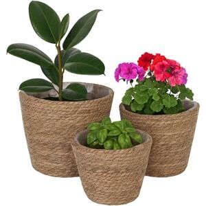 Relaxdays Planter, Set of 3, Reed, Pots with Liner, 3 Sizes, Boho Style, Round Plant Covers, Natural, Fibre, Plastic, 23 x 25.5 x 25.5 cm Relaxdays Planter, Set of 3, Reed, Pots with Liner, 3 Sizes, Boho Style, Round Plant Covers, Natural, Fibre, Plastic, 23 x 25.5 x 25.5 cm