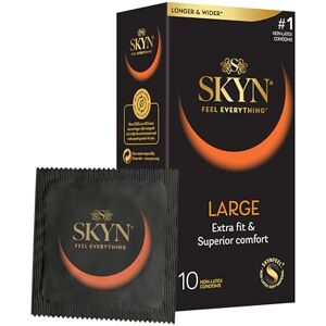 SKYN Large Condoms Pack of 10 FEEL Latex Free Condoms for Men, Extra Large, XL, Thin, Smooth Straight Shape, Lubricated, 56mm Wide SKYN Large Condoms Pack of 10 FEEL Latex Free Condoms for Men, Extra Large, XL, Thin, Smooth Straight Shape, Lubricated, 56mm Wide