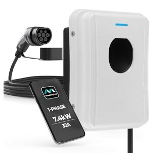 Masterplug Smart EV Home Wall Charger for Type 2 Electric and Plug-In Hybrid Vehicles, Tethered with 5m Cable, Mode 3, App Control, Solar Charging, Single Phase, White, IP65, 7.4kW, 32A, EVCM3ST7W-MP Masterplug Smart EV Home Wall Charger for Type 2 Electric and Plug-In Hybrid Vehicles, Tethered with 5m Cable, Mode 3, App Control, Solar Charging, Single Phase, White, IP65, 7.4kW, 32A, EVCM3ST7W-MP