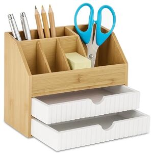 Relaxdays Desk Organiser, Drawers & Compartments, HxWxD: 19 x 24 x 14 cm, Bamboo & MDF, Office Storage, Natural/White, Fibreboard Relaxdays Desk Organiser, Drawers & Compartments, HxWxD: 19 x 24 x 14 cm, Bamboo & MDF, Office Storage, Natural/White, Fibreboard