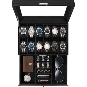 Uten Watch Box 12 Slots, 2-Tier Watch Case with Key Lock, Glass Lid, watch display box for Men and Women, Black Synthetic Leather, Black Velvet Lining, Removable Pillows, Jewelry Storage Box Uten Watch Box 12 Slots, 2-Tier Watch Case with Key Lock, Glass Lid, watch display box for Men and Women, Black Synthetic Leather, Black Velvet Lining, Removable Pillows, Jewelry Storage Box