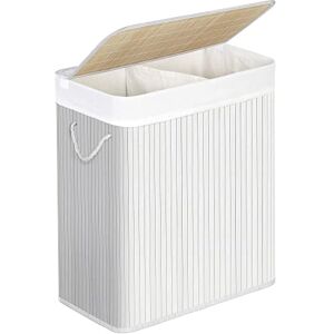SONGMICS Laundry Basket with Lid Bamboo Laundry Basket with 2 Sorting Compartments, Removable Bag, Cotton Handles Volume 100L, for Laundry Room, Bedroom White -LCB64WT SONGMICS Laundry Basket with Lid Bamboo Laundry Basket with 2 Sorting Compartments, Removable Bag, Cotton Handles Volume 100L, for Laundry Room, Bedroom White -LCB64WT