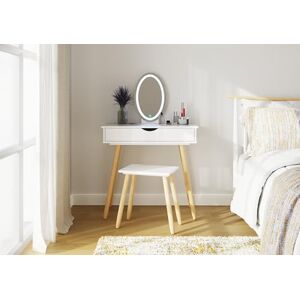 GFW Signy Dressing Table Set White. Make Up & Hair Vanity Table With Drawer, Large Round Mirror with LED Lighting. Stool included Modern Makeup Desk For Bedroom, H124 x W80 x D40cm. White/Oak GFW Signy Dressing Table Set White. Make Up & Hair Vanity Table With Drawer, Large Round Mirror with LED Lighting. Stool included Modern Makeup Desk For Bedroom, H124 x W80 x D40cm. White/Oak
