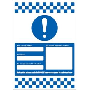 BLEEDSAVE Your Security Lead Is/Telephone/Nearest Trauma Kit/Evacuation Route 297 x 420 mm (A3) Standard 0.2mm Flexi-Plastic BLEEDSAVE Your Security Lead Is/Telephone/Nearest Trauma Kit/Evacuation Route 297 x 420 mm (A3) Standard 0.2mm Flexi-Plastic